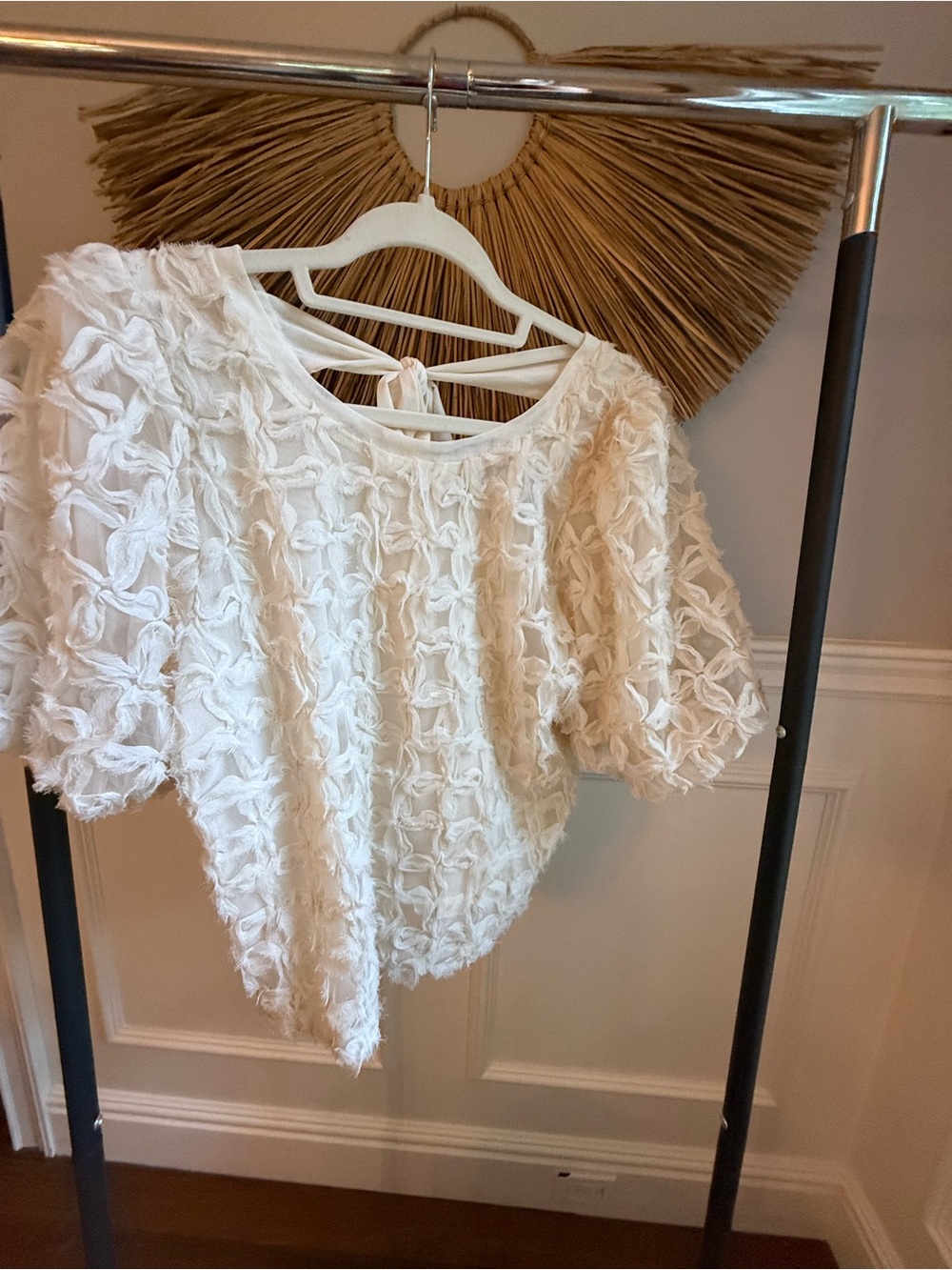 Ivory Textured Puff Sleeve Blouse with Back Tie
